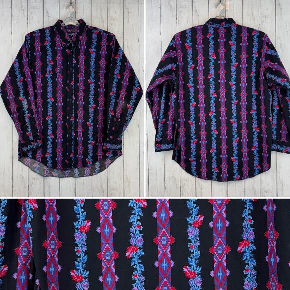 VTG 80's Wrangler Navajo Cowboy Cut Brushpopper Western Button Down Size 17 1/2 - Picture 1 of 11